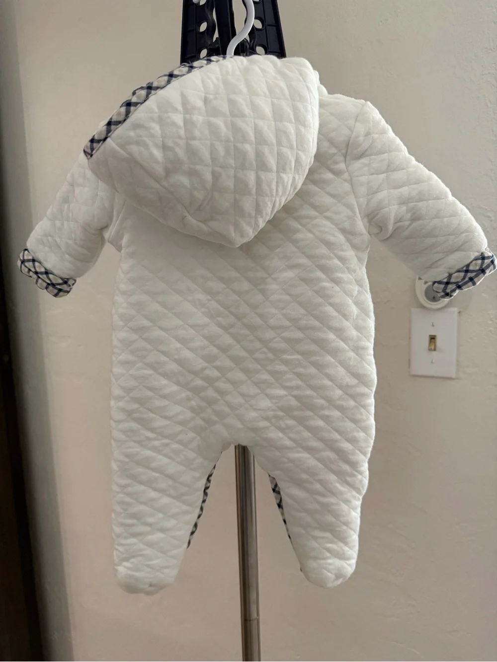 Little Me Cream and Navy Plaid Quilted Baby Footed pram
